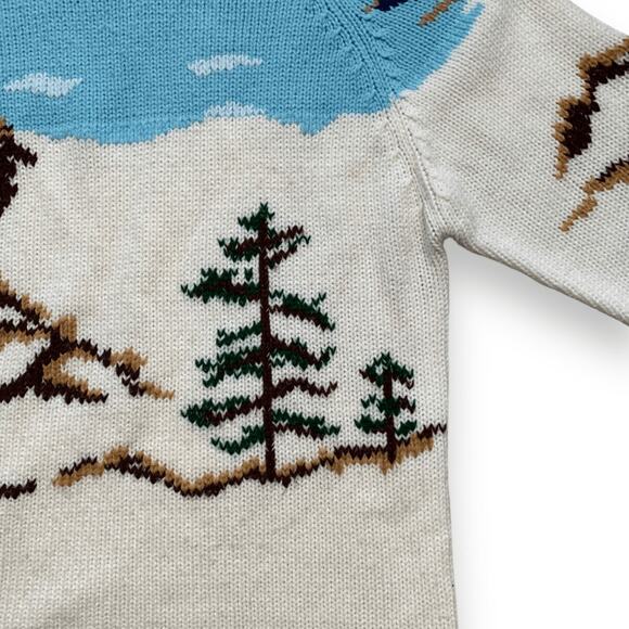 Vintage Mountain Scene Cream Blue Mock Neck Knit Sweater Medium Unisex Pullover - Picture 5 of 11